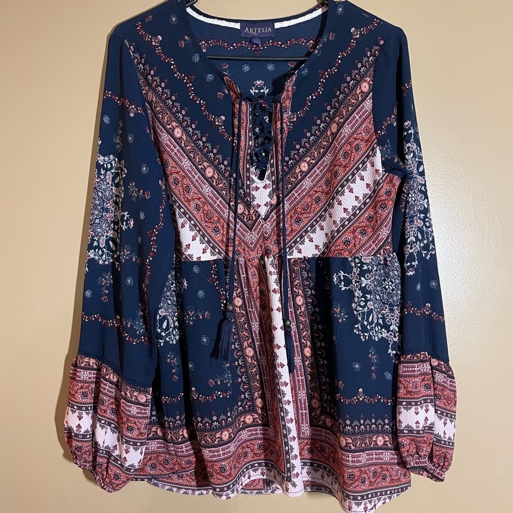 Artesia Boho Blue & Coral Floral Tassel Babydoll Tunic Top Size M